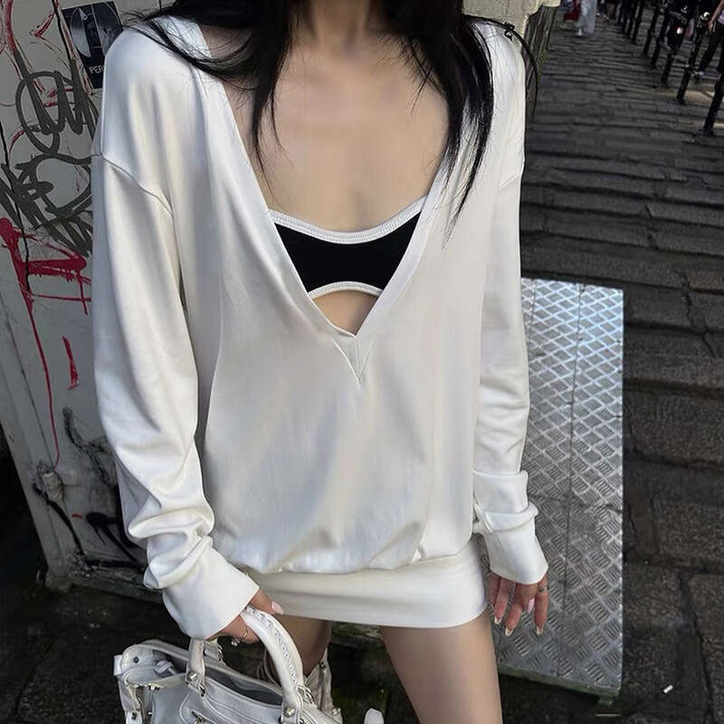 Qds417 Women's Autumn New Solid Color V-Neck Long Sleeve Sexy Bodycon Short Dress B5