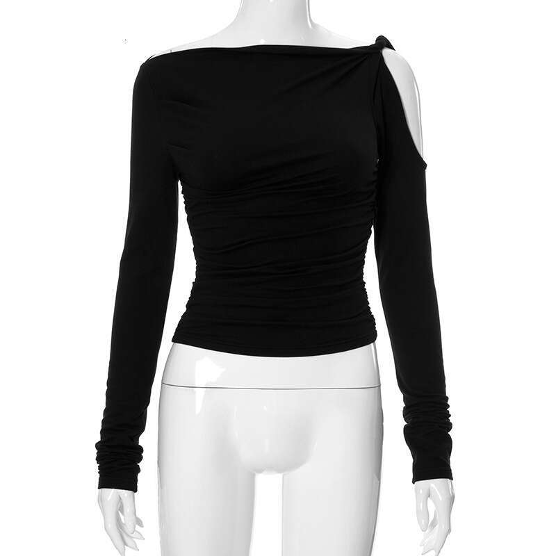 Ytp447 Women's Autumn New Solid Color Asymmetrical Neck Single Shoulder Sexy Tie Long Sleeve Top B5