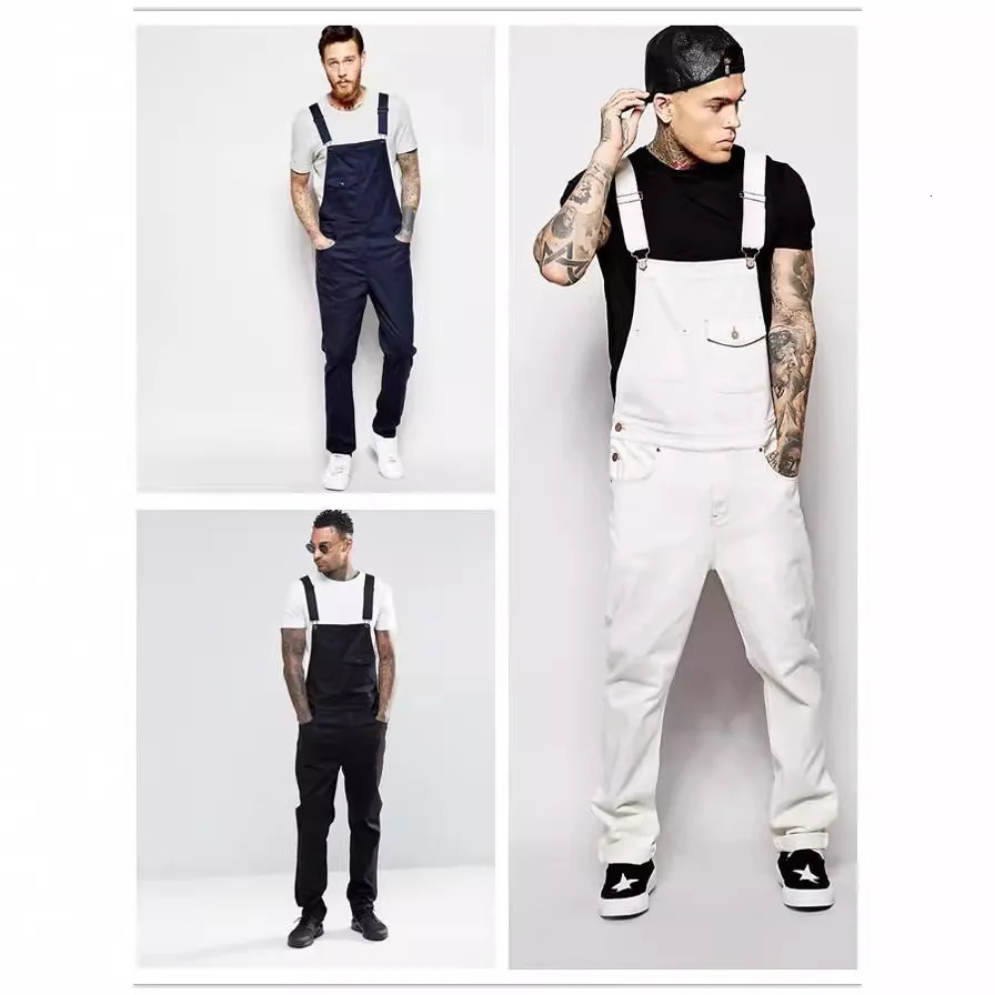 2024 Men Stylish Slim Biker Jeans Bib Overalls Jumpsuits jeans Man Streetwear Casual Stretch Ripped Dungarees Male Strap 250725
