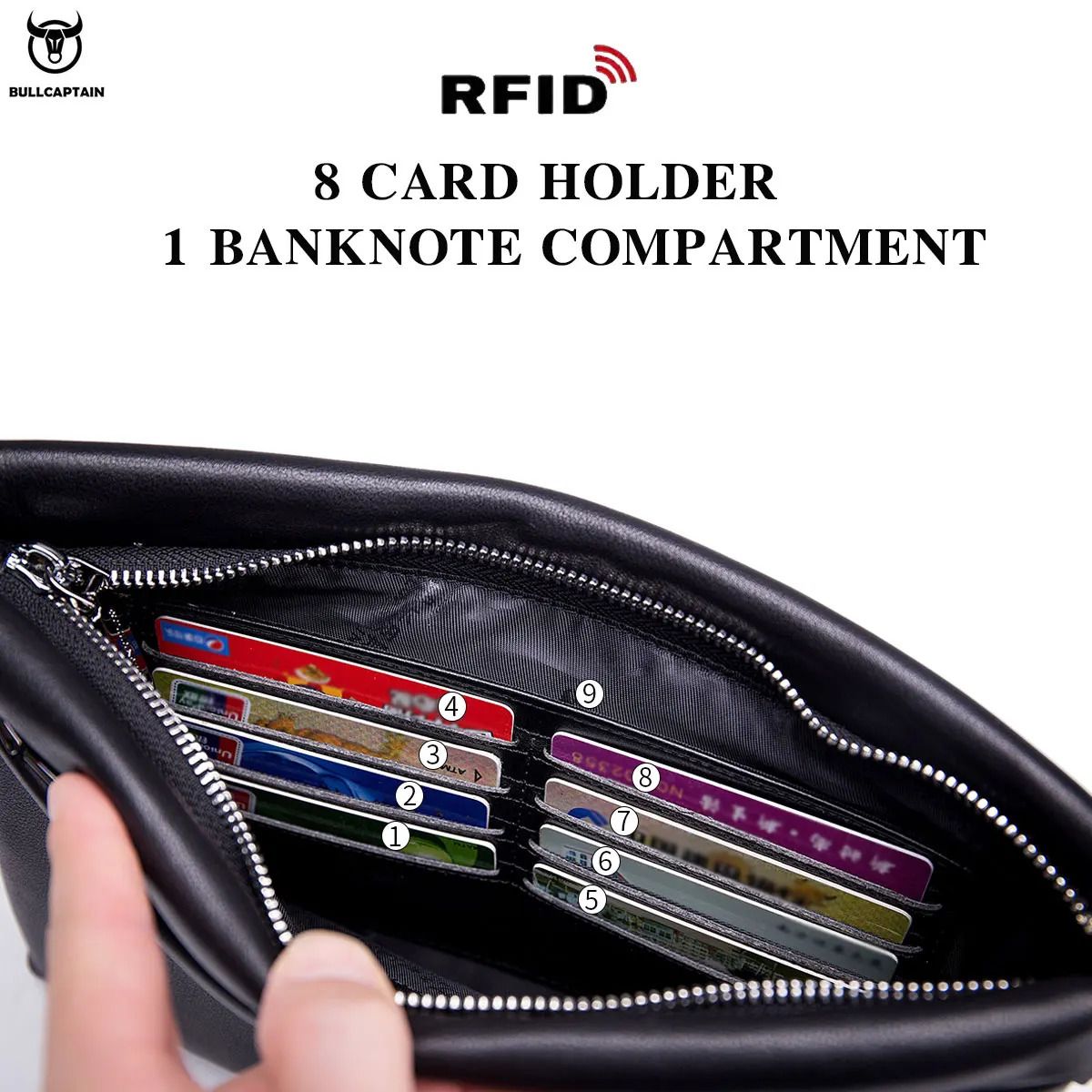 Bullcaptain Mens Long Wallet RFID Blocking Card Holder Mens Clutch Envelope Bag Business Casual Mens Underarm Bag Handbag 250723