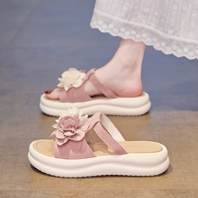 Ddmysports French Style New Women S Sandals Summer Thick Sole Sweet Flower Slippers Outdoor Fashion Versatile Wide Foot Roman Shoes Outdoor Shoes