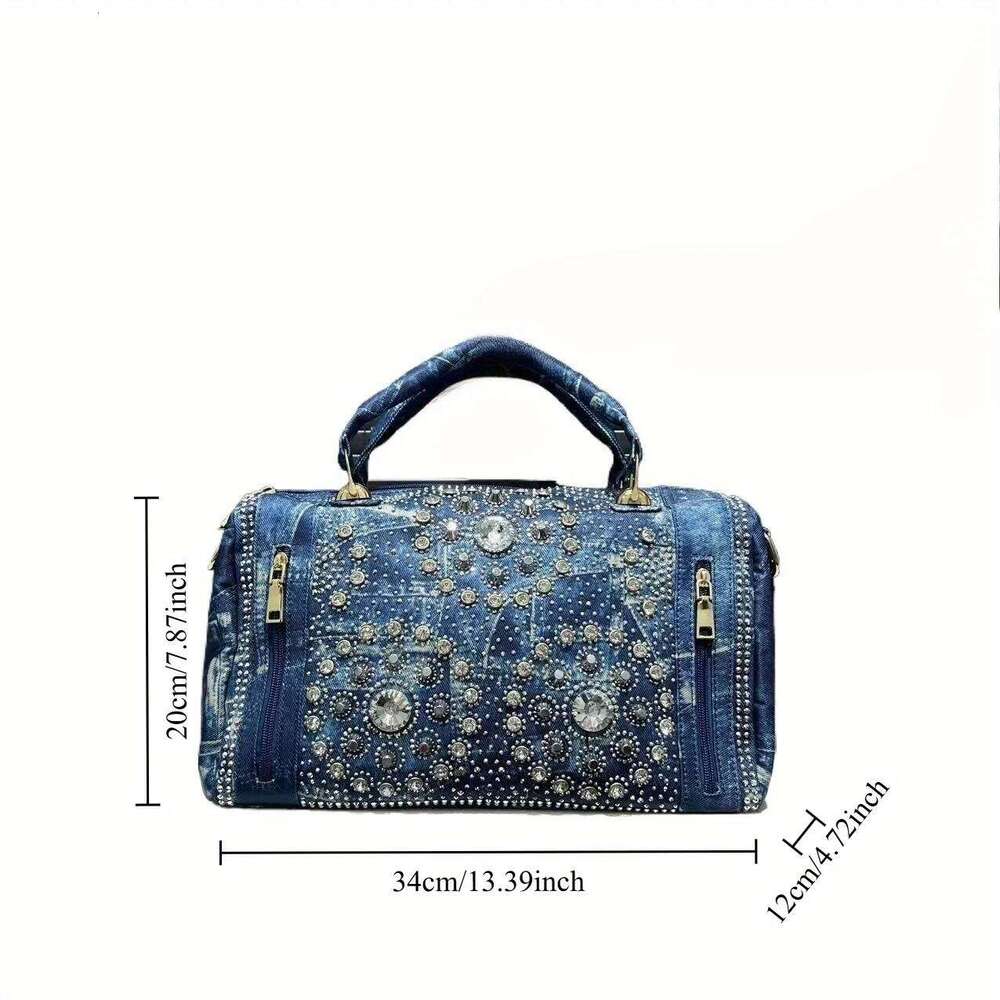 Ladies' Fashionable Gemstone Inlaid Elegant Handbag, Boston Bag, Personalized Street Style Y2k Hot Girl