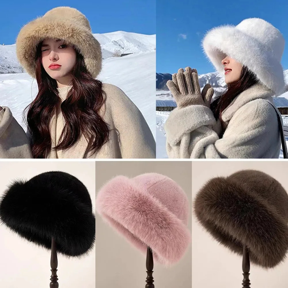 Warm Fluffy Fur Bucket Hat Cold Thicken Panama Cap Snowy Day Cover Head Cap Winter Hat Christmas Gifts 250724