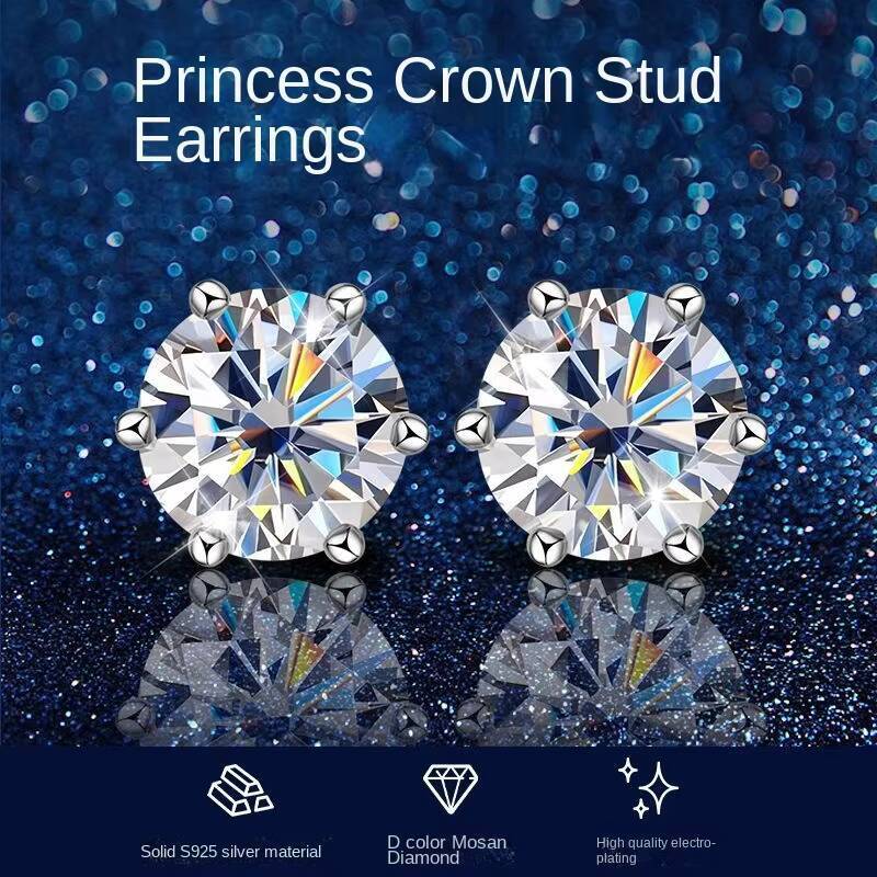 Classic Six-Claw Genuine D Color Moissanite Stud Earrings for Women 925 Sterling Silver Gold Plating Cross-Border Popular