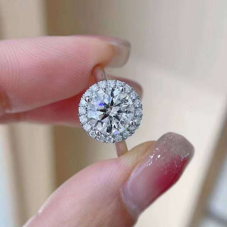 GRA Certified Fancy Round Shape White Color Moissanite Halo Solid Gold Dia Wedding Ring