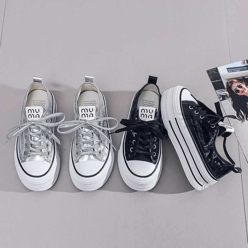2024 New Women Sequins with Thick Bottom Canvas Shoes Spring/Summer Student Vulcanized Shoes Casual Running Sneakers XJ250725
