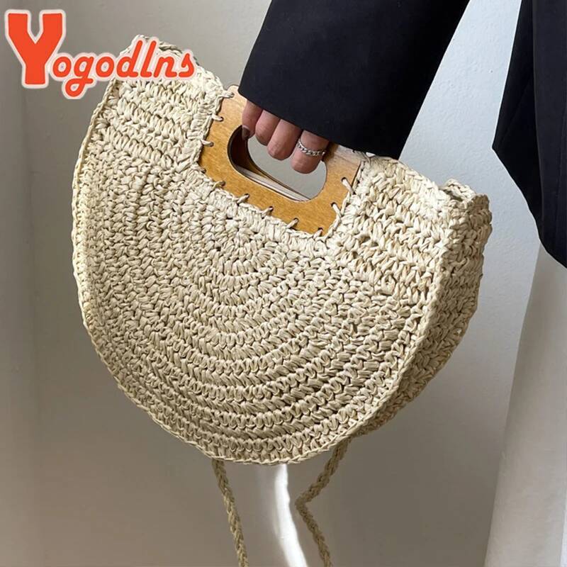 Minimalist Straw Bag for Women Summer Half-moon Beach Handbags Rattan Handmade Kintted Handle Bags Bolsas
