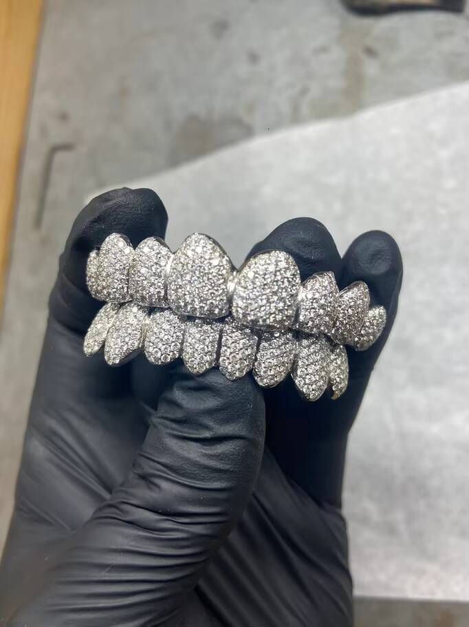10K VVS Moissanite Grills Large Centre Stones Custom Grillz London Based Perfect Fit 8 Top 8 Bottom Fully Iced Out Grillz