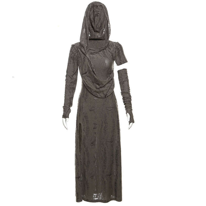 2024 Autumn New Women's Solid Color Slim High Waist Fashion Hooded Long Sleeve Split Dress a22