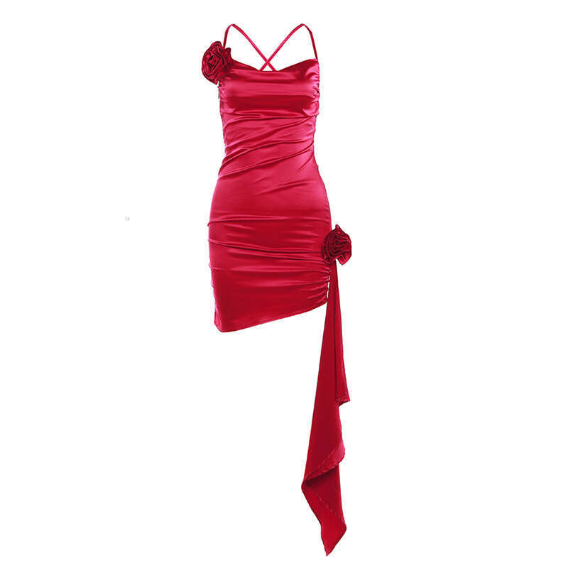 2023 Autumn Winter New Women's Solid Color Slim High Waist Fashion Strap Ruched Backless Dress 0a9