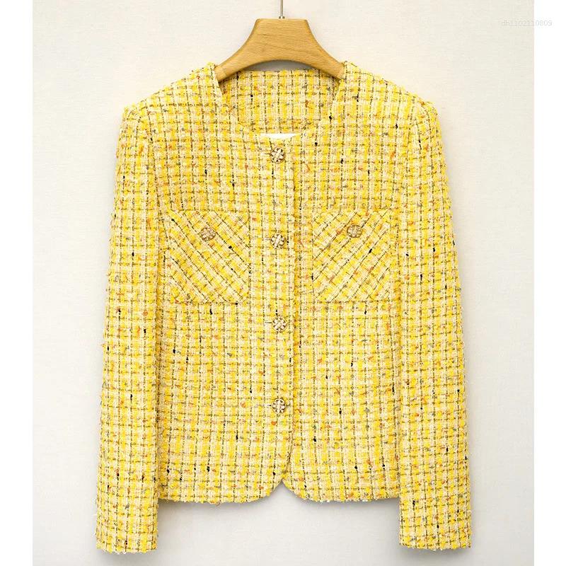 Women's Jackets Yellow Luxury Woven Small Fragrance Jacket Casual Fashion Loose O Neck Long Sleeve High Quality Sweet French Tweed Coat