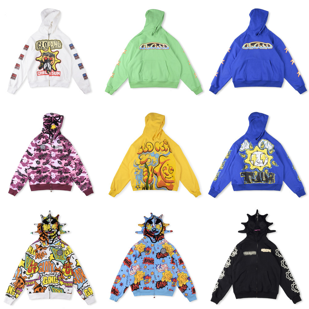 Glo Gang Designer mens hoodie Street Glory Full Glo Cartoon Print Zipper Sweatshirt Pants Unisex Y2K Camouflage Hooded Streetwear GLO GANG Tracksuits pants TOP s2