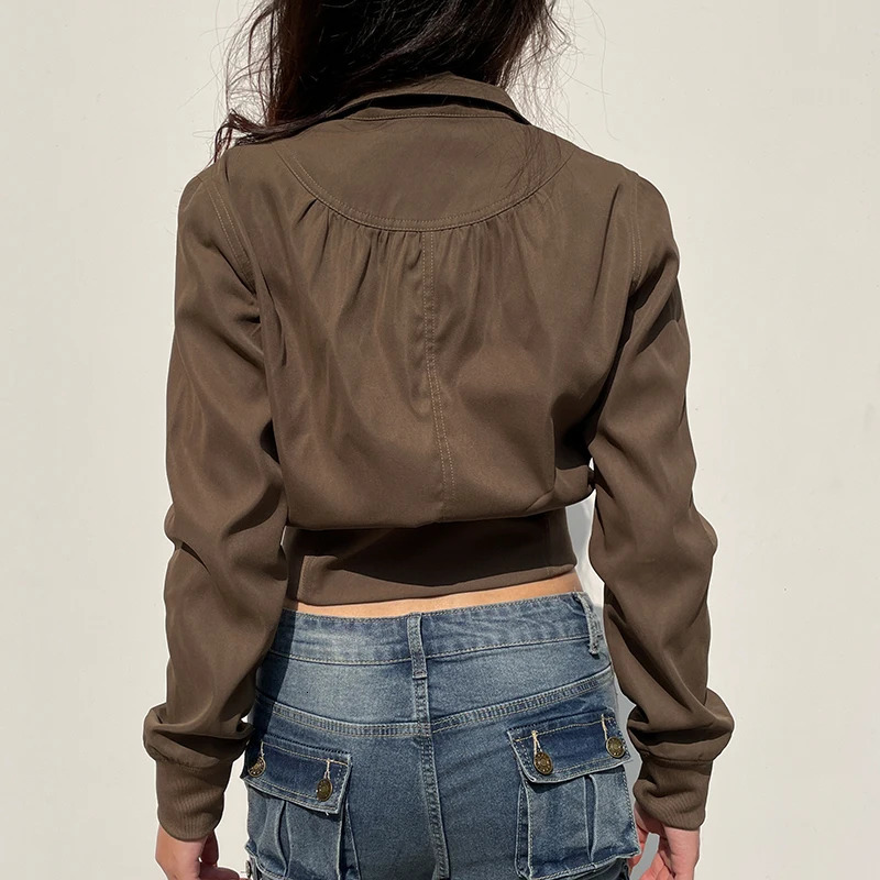 CIBBAR Brown Turtleneck Cargo Jackets y2k Streetwear Pockets Patchwork Full Sleeve Women Crop Autumn Harajuku Outerwear 250717