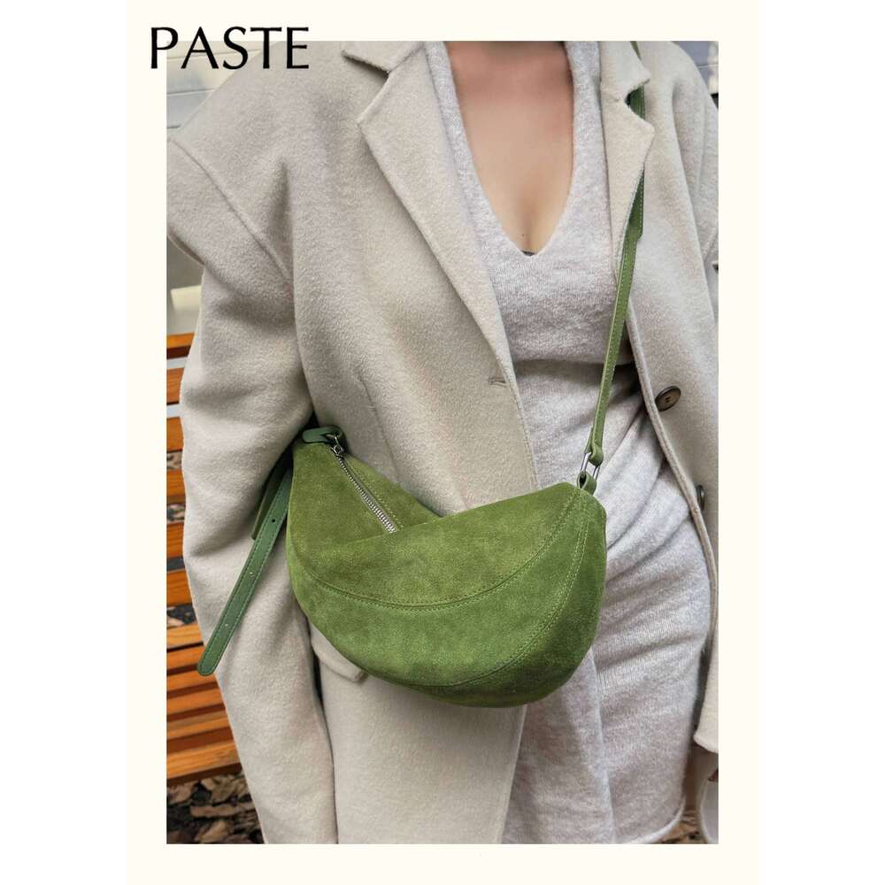 Strict Selection Autumn Crescent Saddle Soft Green Red Matte Suede Cow Leather Women Crossbody Bag High-end Daily-use Purse