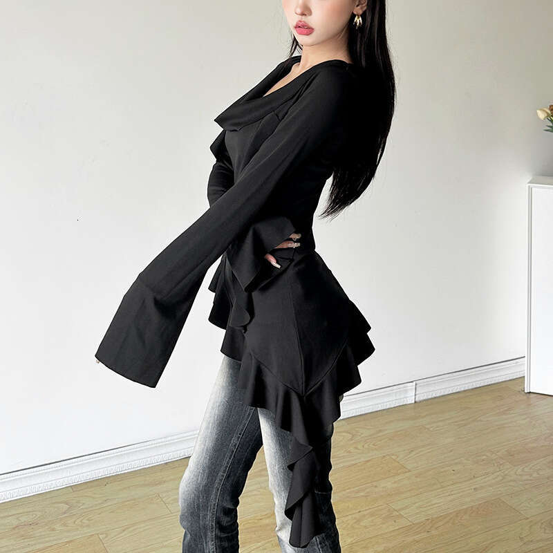INS2024 Autumn New Women's Solid Color Slim Street Fashion Square Neck Long Sleeve Top eb7