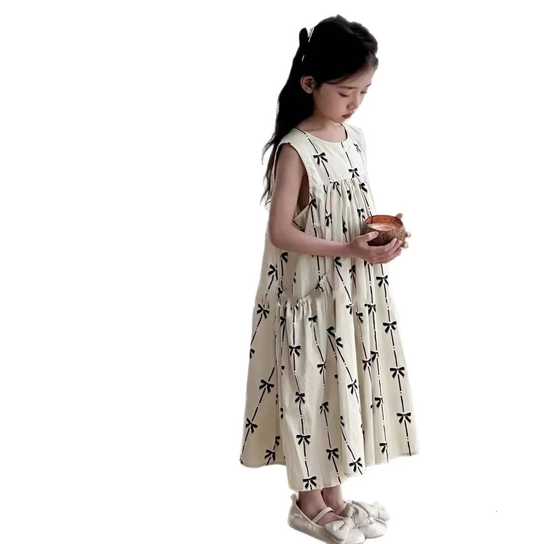 Summer Cotton Girls Stylish Vest Dress with Pocket Childrens White Sweet Outfit Princess for 27Y 250725