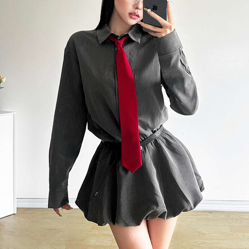 2024 Autumn New Women's Solid Color Slim High Waist Street Fashion Turn-Down Collar Long Sleeve Dress b26