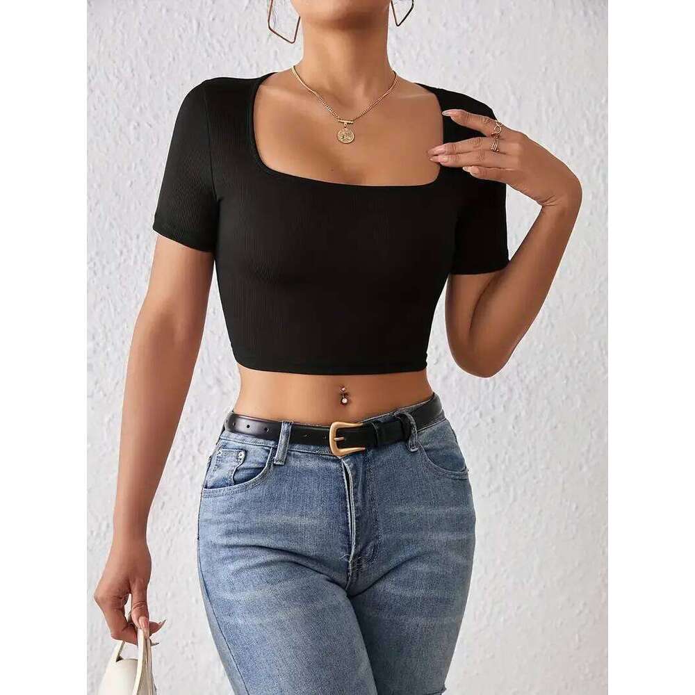 Square Solid Neck Crop T-Shirt, Y2K Sexy Short Sleeve T-Shirt For Women's Clothing Summer