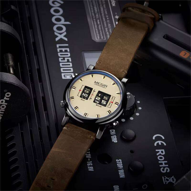 DHgargets MEGIR Men's Roller Watch - Unique Digital Display, 30M Waterproof, Leather Strap, Fashion Wristwatch