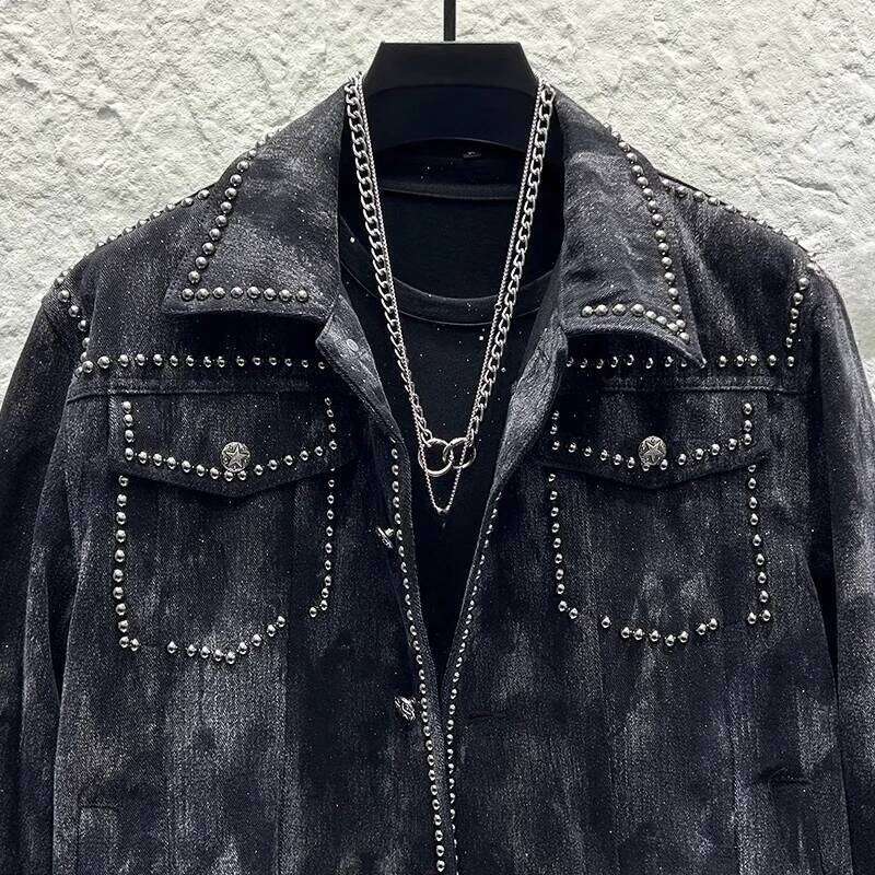 2025 Spring Trendy Rivet Tie-Dye Long Sleeve Pocket Decoration Jackets Men's Retro Tooling Short Style Denim Jacket Tops