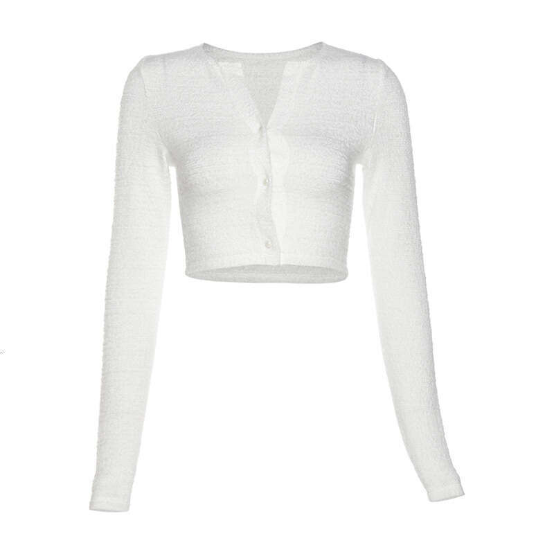 2023 Spring New Women's Fashion Solid Color Slim Fit Crop Top Round Neck Long Sleeve Cardigan T-Shirt f0f
