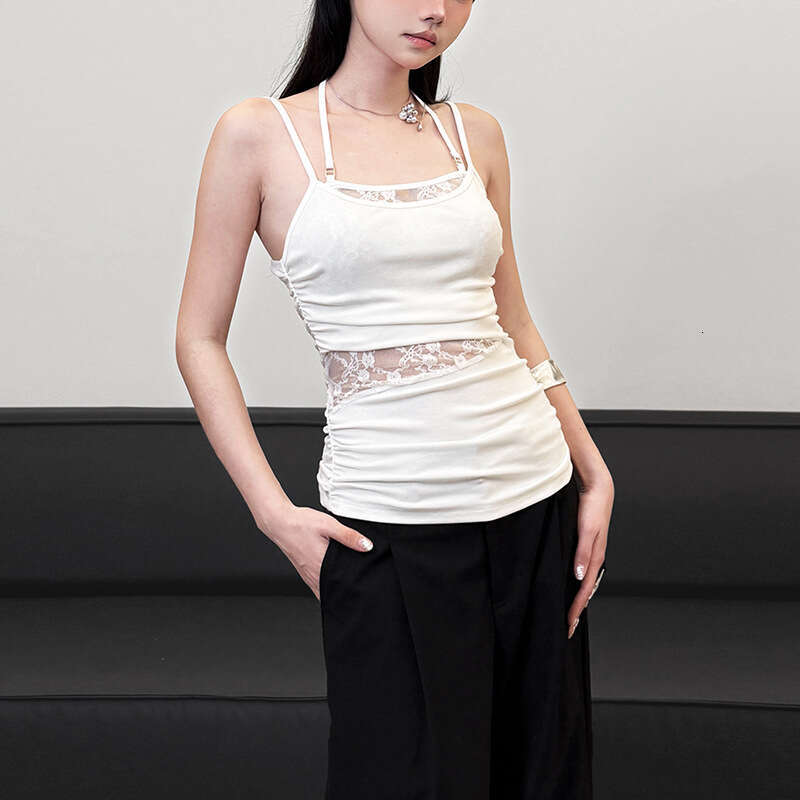 Women's Clothing 2025 Spring Summer New Solid Color Sexy Strap Slim Fit Ruched Mesh Camisole 0ff