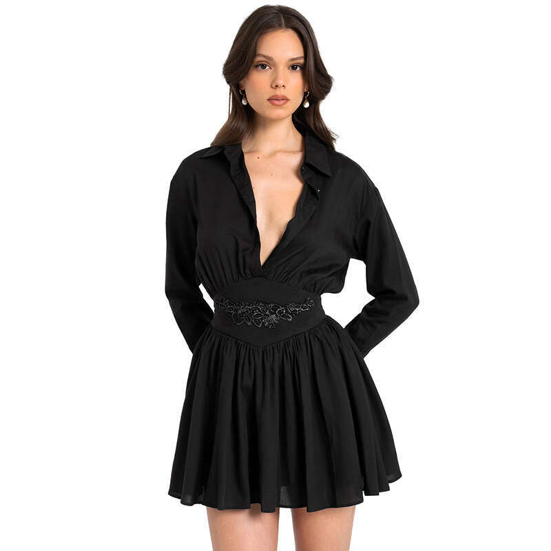 Yds470 Women's Autumn Winter New Solid Color Turn-Down Collar Long Sleeve Embroidered Waist Ruffle Dress B5