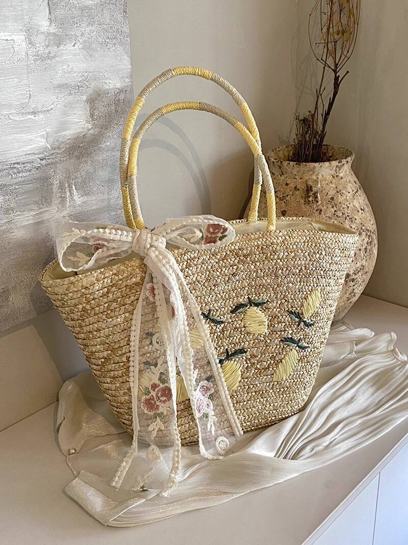 Luxury Brand Designer Bag Zuo Xing Handmade Lemon Embroidered Straw Bag Large Capacity Handheld Woven Bag French Style Shoulder Beach Vacation Bag