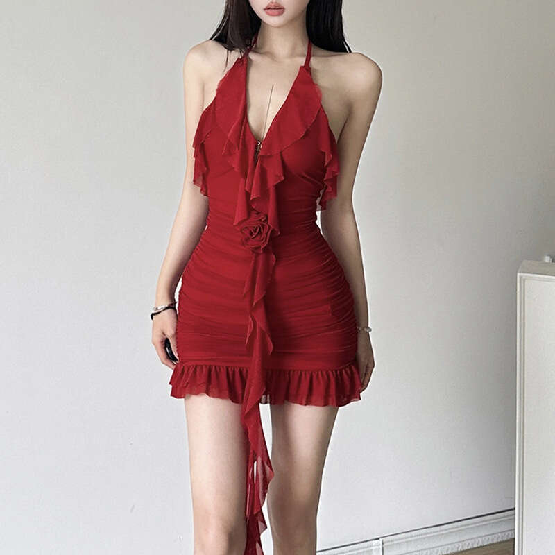 2024 Spring New Women's Solid Color Slim High Waist Fashion Halter Sexy Backless Dress 594