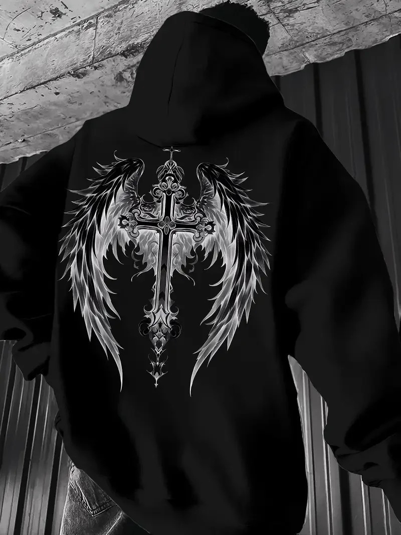 Local warehouse mens vintage Gothic wing through hoodie comfortable and versatile drawstring suitable for casual wear 250716