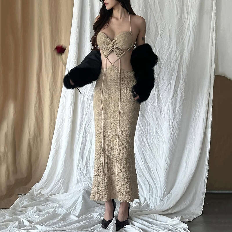 2025 Style High-End Pure Desire Sleeveless Two-Piece Sexy Strapless Bustier Fashion Tie-Up Bodycon Dress for Women b90