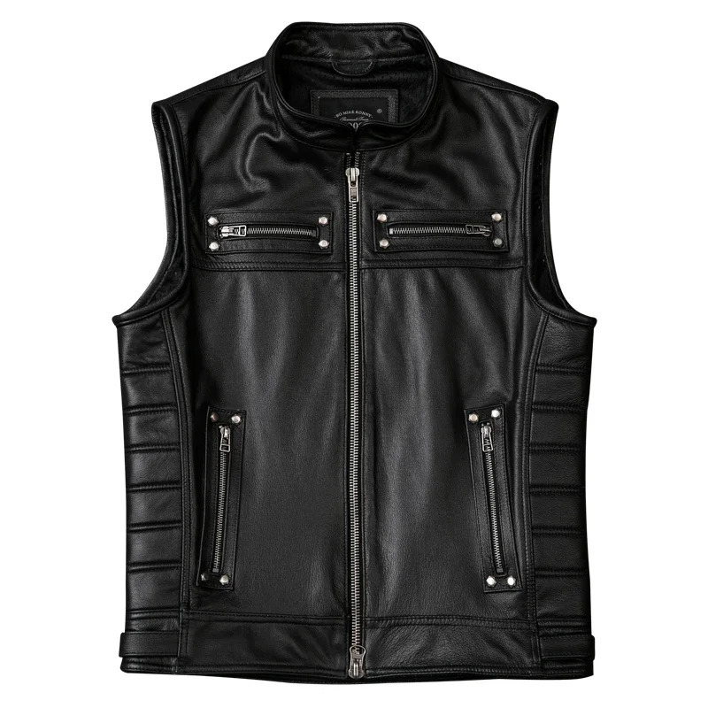 2025 Genuine Cowhide Leather Vest Mens Motorcycle Biker Vests High Quality Stand Collar Sleeveless Jackets Zipper Waistcoat 250725