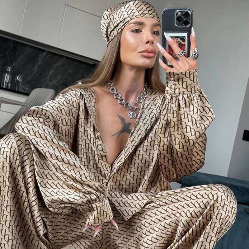 Designer Leisure High Quality Fashion Casual Satin Printing Two Piece Set Spring Women Long Sleeved Loose Shirt+High Waist Wide Leg Pants Street Summe