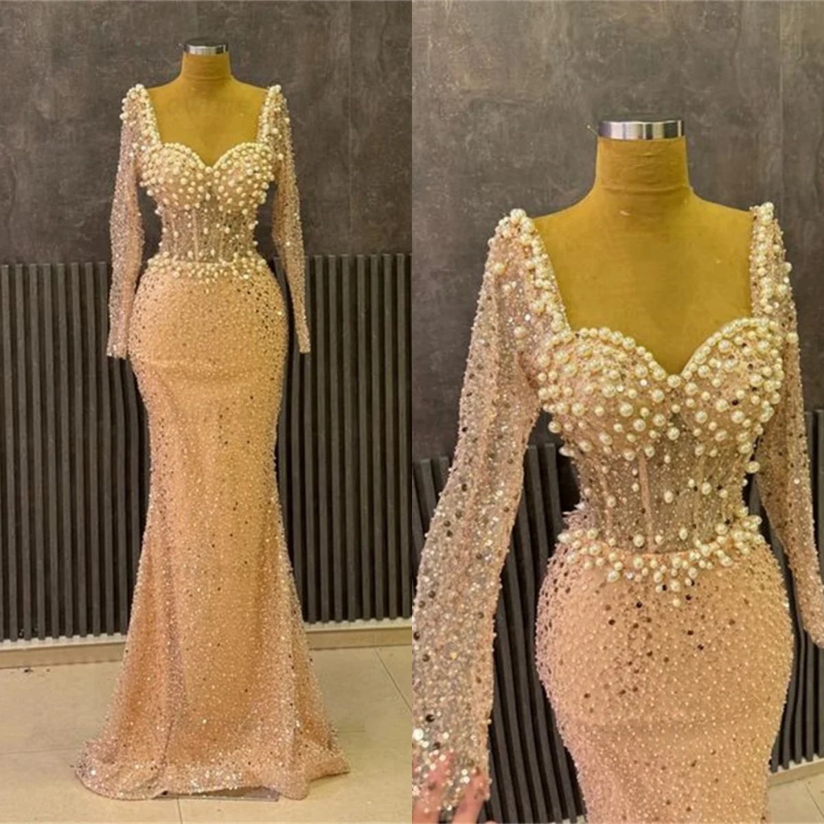 Vintage Evening Dresses For Women Sweetheart Neck Long Sleeves Gown Pearls Beaded Sequins Sweep Train Dress Party Customized Dress