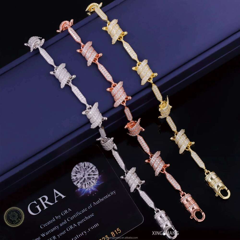 Fashion Gold Plated Men Women 8MM Spiked VVS Moissanite Chains S Sterling Sier Knots Link Cuban Bracelet Jewelry