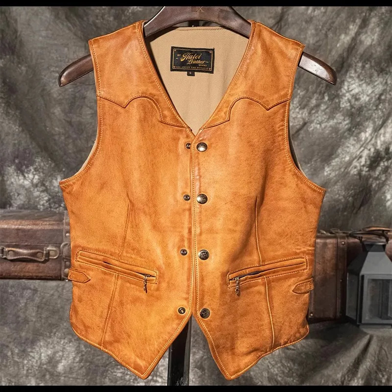 CC Shop Asian size100 natural sheepskin vestRetro Washed casual leather vestSlim fit Vintage genuine wear 250725