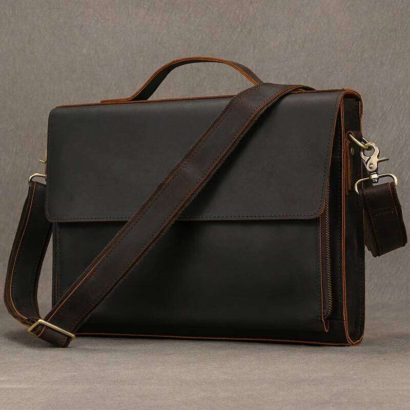 Luufan Genuine Men's Briefcase Bag Fit 14" Laptop Business Handbags Daily Working Tote Cow Leather Male Computer bags OLOEY