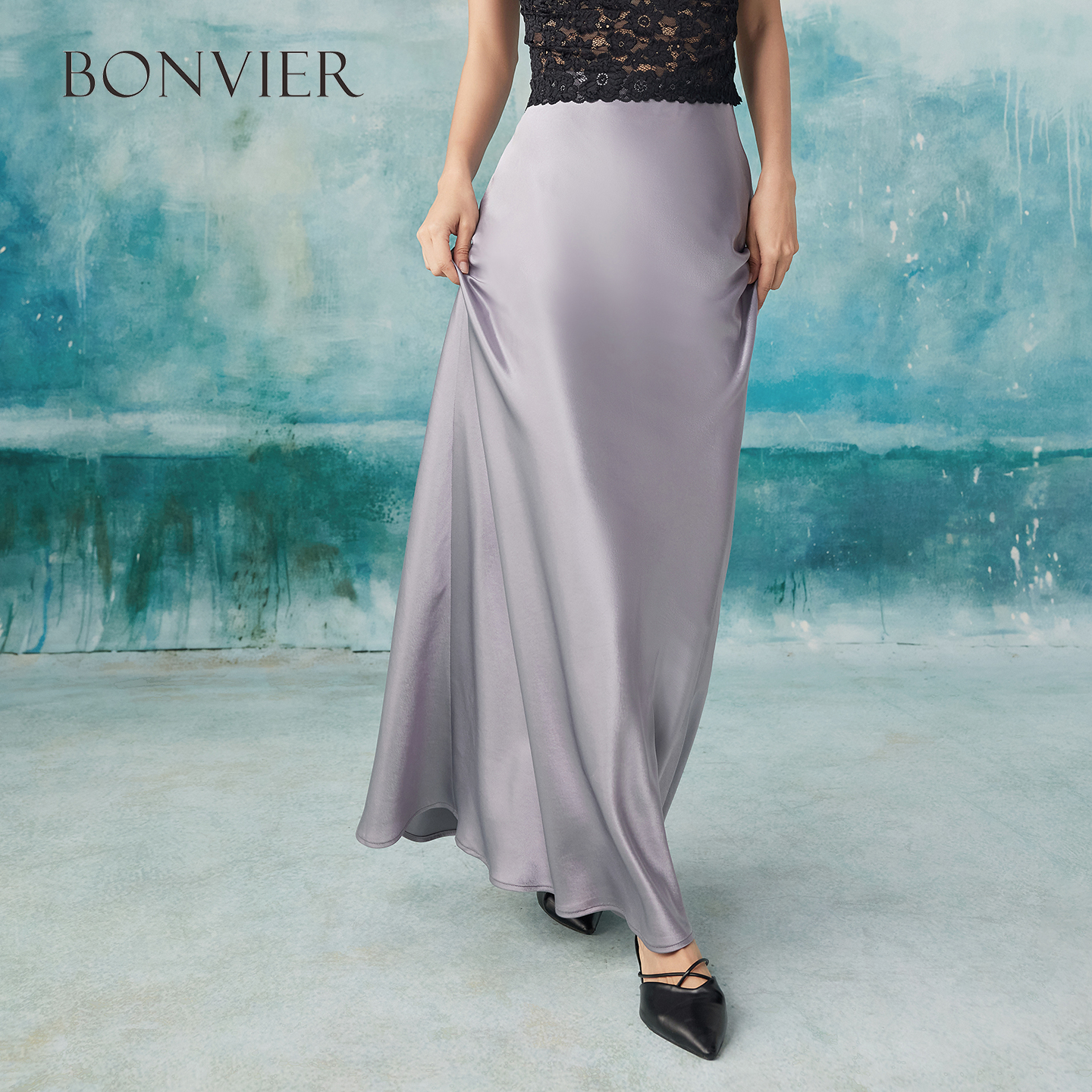 2025 summer new high waist slimming elegant A-line skirt silky satin acetate high-end skirt 6111805