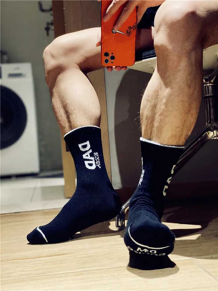 1 Pair Fashion White Unique Design Dad Words Socks Sexy Gay Men Nylon Sports Long Tube Socks Comfortable X250725