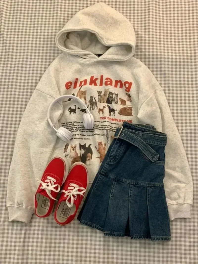 Womens cat and dog printed sportswear loose hoodie casual hooded top American street retro 250725