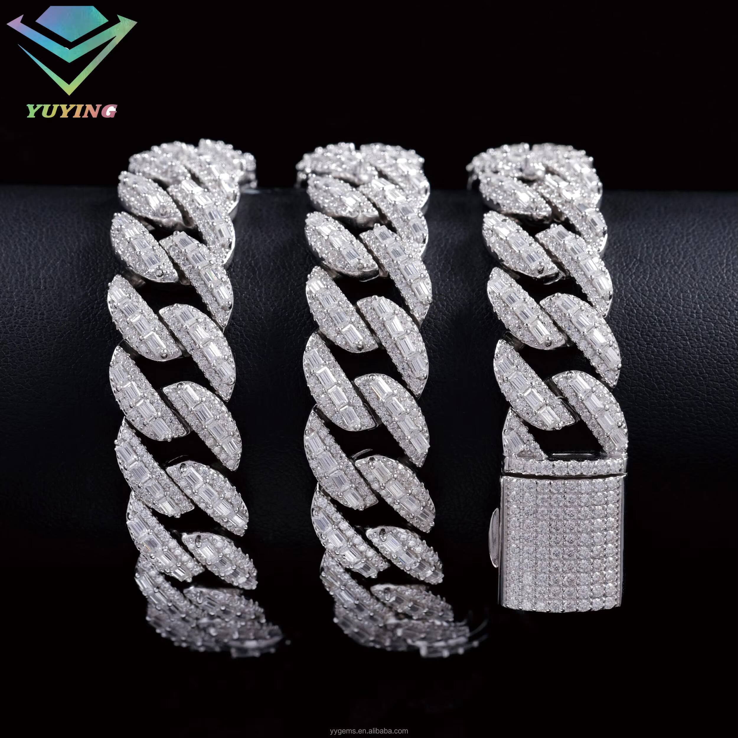 RTS Luxury Necklaces 15mm 18mm S925 Sterling Silver Baguette Moissanite Diamond Cuban Link Chain Hip Hop Necklace