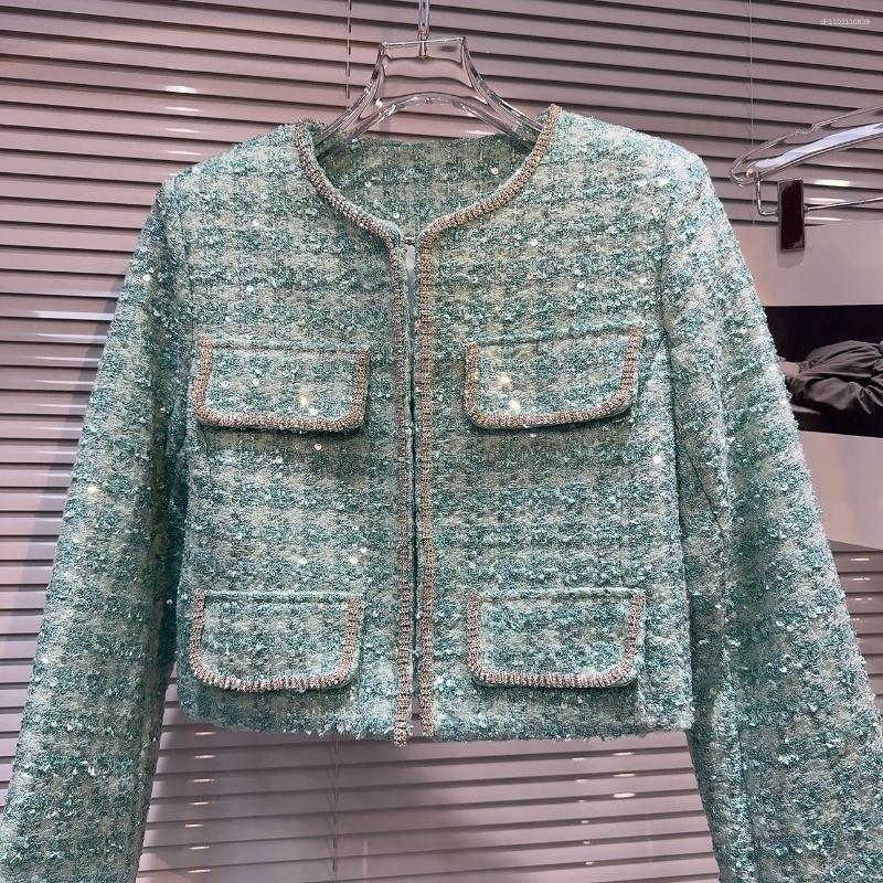 Dress Shiny Green Glitter Checkered Linen Jacket Diamond 3D Feather Fur Sleeve Coarse Suit Coat A-line Ruffle Edge Skirt