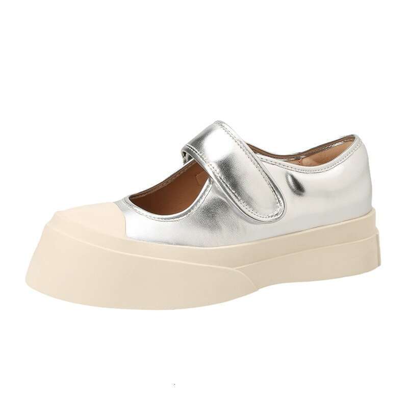 Designer Autumn New Thick-Soled for Women French Style Height Increasing Velcro Mary Jane Shallow Mouth Silver Single Shoes
