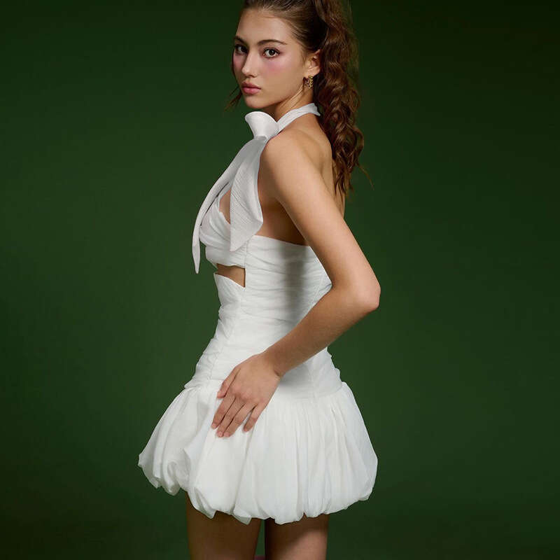 2024 Autumn New Women's Solid Color Slim High Waist Fashion Off-Shoulder Halter Dress f41