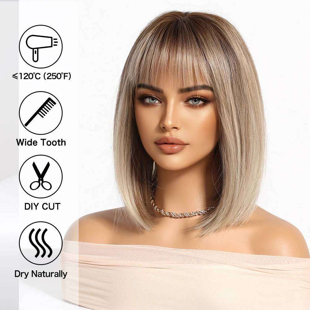 Light Brown Blonde Synthetic with Bangs for Women Short Bob Daily Straight Wigs Fake Hair Cosplay Halloween Heat Resistant