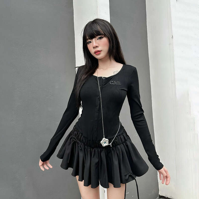 2024 Autumn New Women's Solid Color Slim High Waist Street Fashion Round Neck Long Sleeve Dress 151