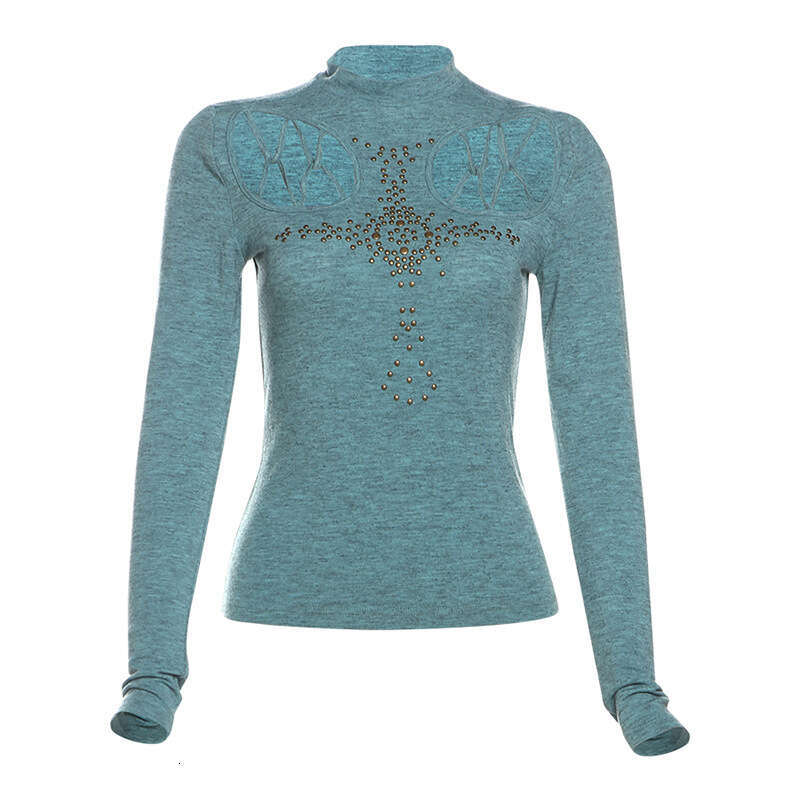 2024 Autumn New Women's Solid Color Slim Street Fashion Round Neck Long Sleeve Hollow Out Top edf
