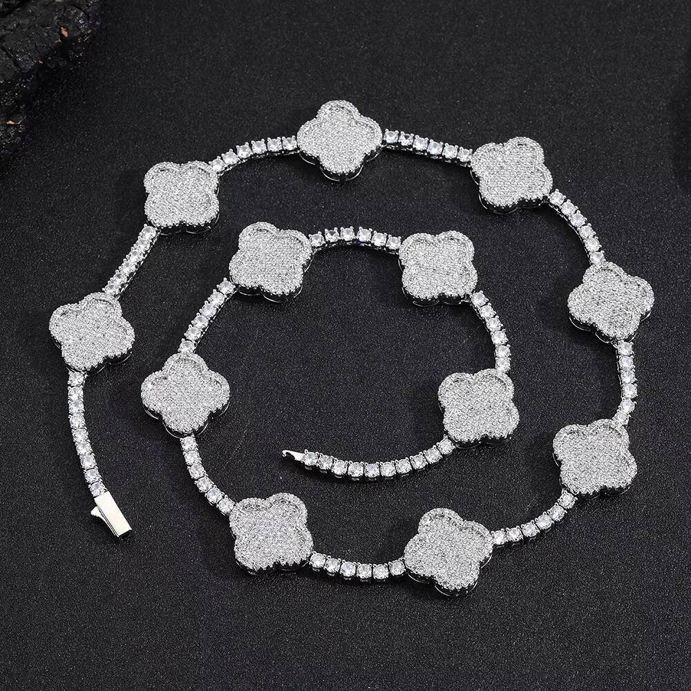 New Style Gold Silver Micro Pave Shiny Zircon Tennis Chain for Women Iced Out Diamond Four-leaf Clover Tennis Chain Necklace