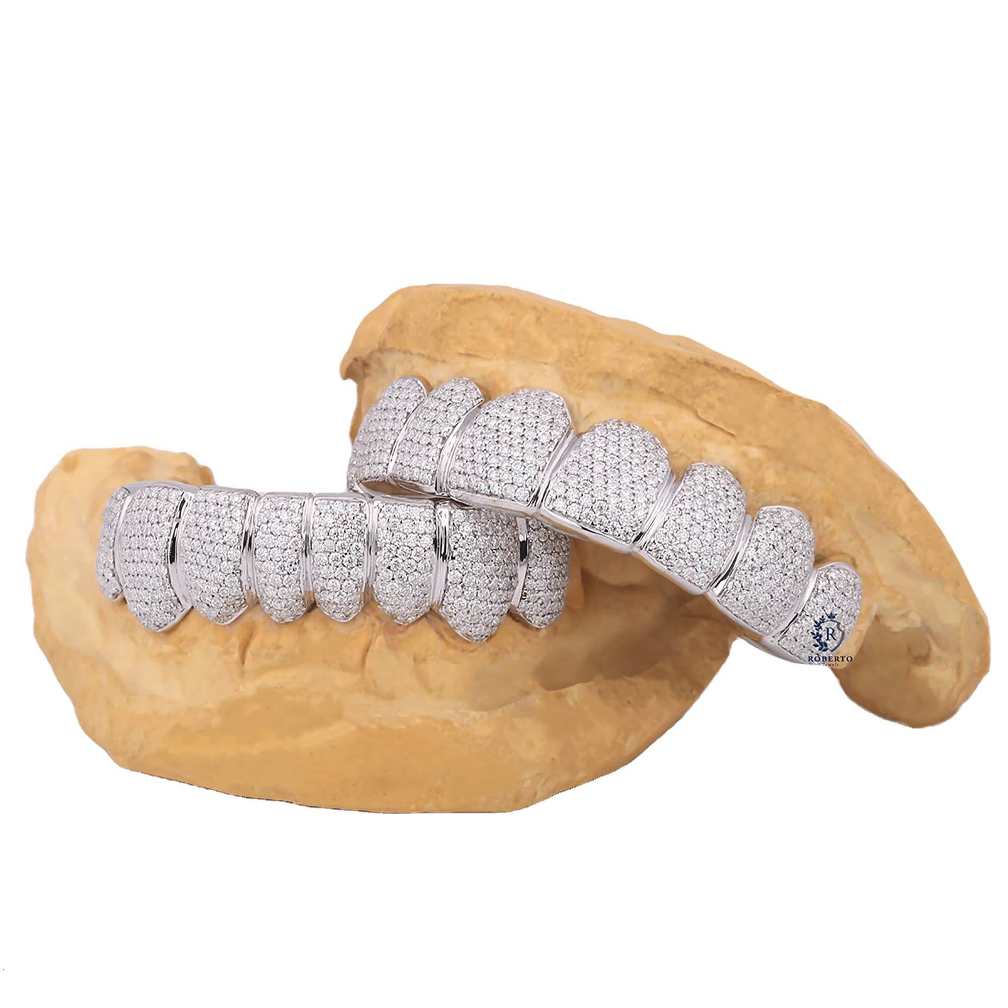 Iced Out 16 Teeth Grillz Moissanite Diamond Top Bottom Custom Platinum Color Options Hip Hop Jewelry for Men Women