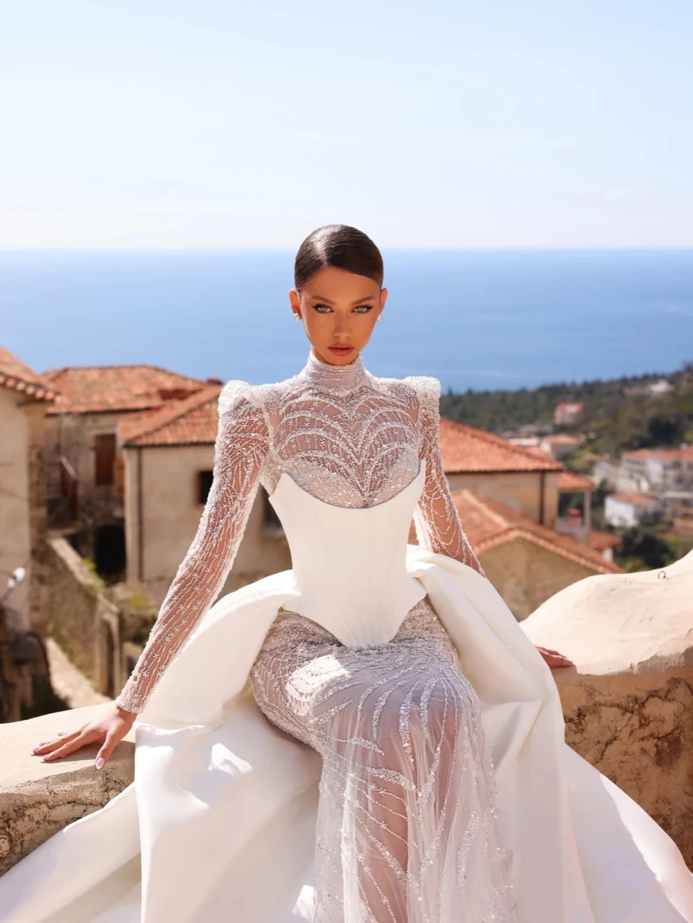 Stylish Wedding Dresses Sequins High Neck Bridal Gowns with Overskirt Long Sleeves Illusion Princess Mermaid Customized Vestidos De Novia Plus Size